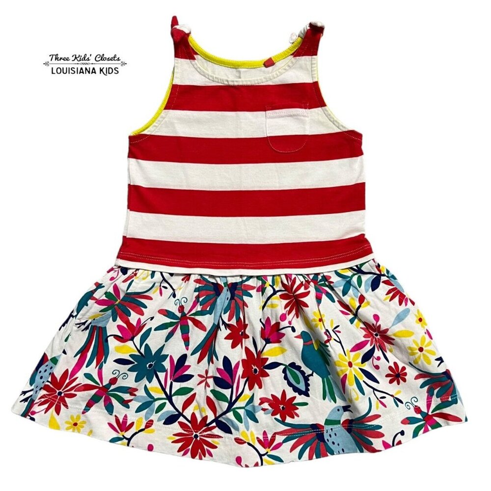 Mini Boden 2-3Y Mixed Print Tropical Birds & Stripes Dress